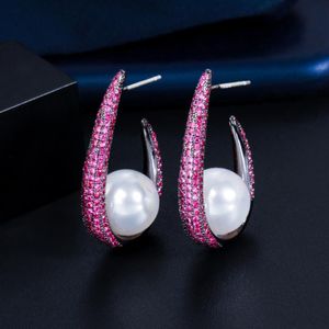 Hoop & Huggie Creative Half Round Micro Pave Pink Red Cubic Zirconia Pearl Drop Earrings For Women Unique Fine JewelryHoop