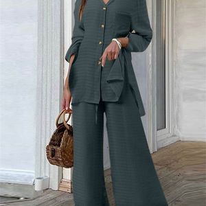 Celmia Women 2 PCS Set Solid Fashion Lapel Collar Long Hides Shirt and Wide Ben Long Pant Set Casual Loose Pocket Slit Suit 220812