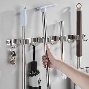 Hooks & Rails Stainless Steel Mop Clip Hook Wall-mounted Storage Broom Holder FreePunch Rack Kitchen Bathroom Organization AccessoriesHooks