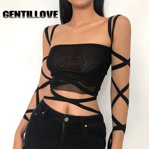 Mode Gothic Frauen Schwarz Mesh Lace Up Bandage Crop Top Y2K Sexy Kleidung Fee Grunge Ästhetische High Street Party Club outwear 220318