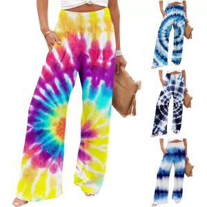 Elastic Fitness Yoga Pants Wide Leg Pants Trousers Independence Day Tie-dye Printed Slacks Spring Long Casual Baggy