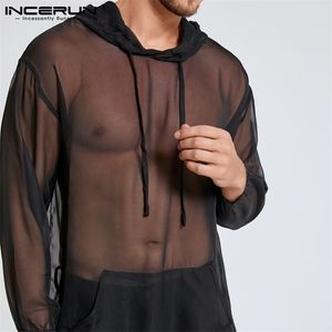 INCERUN Fashion Men Mesh T Shirt Hooded See Through Long Sleeve Casual Tops Sexy Streetwear Loose Nightclub Party Mens T-shirts 220407