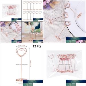 Decorazione per feste Forniture per eventi Festive Home Garden 12Pcs Rose Gold a forma di cuore Supporto da tavolo Supporto da tavolo Segnaposto Clip Carta Menu Numero F