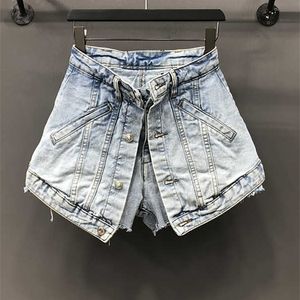 DEAT Solid Women s Fake Two Pieces Of High Waist A line Thin Denim Shorts Street Style Mall Goth Summer GX471 220629