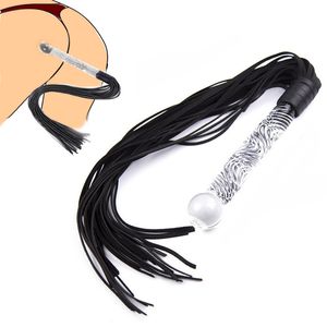 BDSM Bondage Slave Frusta in pelle multifunzione con manico in vetro Fetish Flogger Sculacciata Dildo Butt Plug Coda anale Strumento sexy