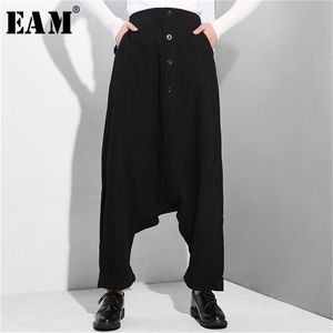 EAM New Spring Autumn High Elastic Waist Black Button Split Joint Thin Loose Crosspant Trousers Fashion YG25 201113