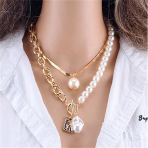 Chokers 2 Layers Pearls Geometric Pendants Necklaces For Women Gold Metal Snake Chain Necklace New Design Jewelry Gift GC1327