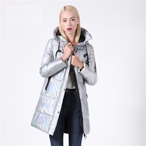 Kış ceket kadınlar gümüş holografik parıltı artı boyutu uzun kadınlar kışlık kapşonlu kalın ceket parka 201214