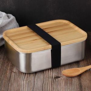 Contenitore per il pranzo da 800 ml con coperchio in bambù Bento Box in acciaio inossidabile Top in legno Contenitore da cucina a 1 strato Facile da portare via mare RRB15305