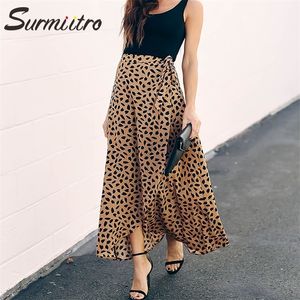 Surmiitro Polkaドットプリントロングマキシサマースカート女性ファッションホワイトブラックスプリットハイウエストサングラップライン女性220317