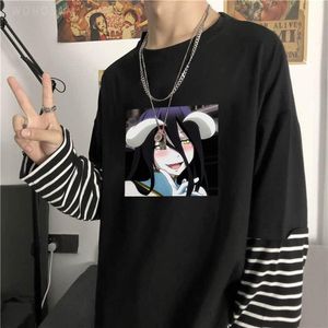 Męskie koszulki anime Overlord Kawaii Shy Albedo Cartoon Kobiet Kobiet T-shirt Hip Hop Harajuku Summer Tops Owwony koszulki w paski z długim rękawem ''