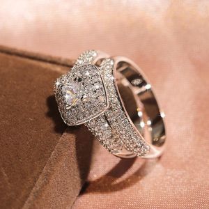 Кластерные кольца роскошная серебряная тарелка Свадебная обручальная коктейль циркона Двойное кольцо пальца, разработанное для женщин 925 SetCluster Wynn22