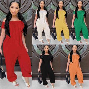 W6082 fat woman short sleeve large size loose solid color Jumpsuit