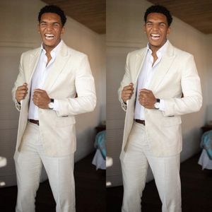 Beige Wedding Tuxedos 2022 Linen Men's Beach Summer Suits Groom Wear Boho Party Italial Bestman Outfits Blazer Holiday Assicing