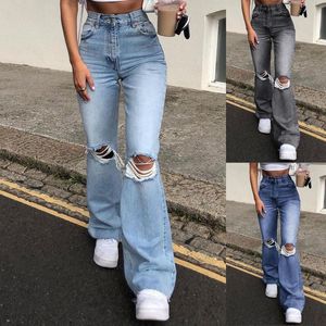 Damens jeans andningsbara stam-pipe fashionabla sommarklockbotten elastiska denimbyxor harajuku raka byxor för shopping 220714