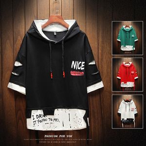 Men's Ribben T Shirt Summer Male Fashion T-shirts Mens Hoodies T Shirts Color Splice Hooded Tshirt Street Style M-5XL