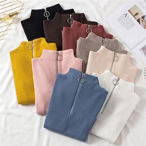 Kvinntröjor Autumn Winter Half High Collar Circular Zipper Slim Pullover Solid Color Slim Sticking Jumper Big Size Pull Femme 201225