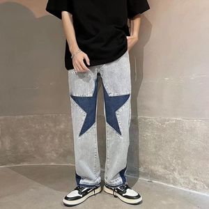 Harajuku stjärnor broderi lapptäcke raka flare män jeans y2k byxor herre retro rippade överdimensionerade casual denim byxor 0615