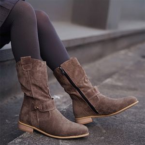 Botas cálidas de invierno para mujer, botas de ante con cremallera, hebilla Vintage para mujer, botas a media pantorrilla, zapatos de tacón bajo grueso para mujer, zapatos de tacón para mujer 220812