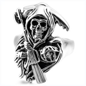 Men's Stainless Steel Ring Vintage Death Grim Reaper Sickle Skull Gun Pistol Casted Band Punk Rock