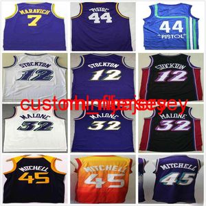 Retro vintage klasik basketbol formaları John 44 tabanca 12 Stockton Karl 32 Malone 44 Tabanca Pete 7 Maravich NCAA Donovan 45 Mitchell Jersey S-XXL