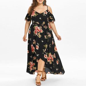 Plus Size Sukienki Duża Panie Floral Druku Sukienka Kwiat Sling Bez Ramiączek Kobiet Dorywczo Krótki Rękaw Zimny ​​Ramię