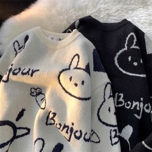 만화 토끼 y2k하라 주쿠 카와이 복고풍 귀여운 둥근 목격 스웨터 패턴 니트 따뜻한 느슨한 대형 스웨트 셔츠 여자 220813