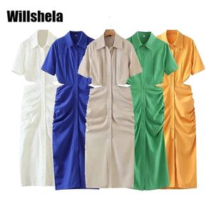 Willshela Summer Shirt Dres Waist Cut-out Short Sleeves Midi Dress Fashion Design Sexy Elegant Bodycon Femme Robe 220423