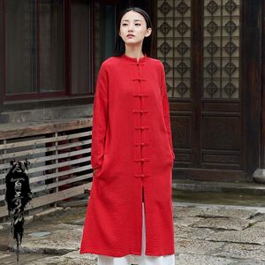 Roupas étnicas Mulheres camisa longa sólida com bolsos de linho de linho de algodão Blusa da manga do estilo chinês Tang Tang Suit Feminino Coatethnic
