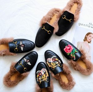 men and women fur mule princetown slippers ladies leather flat Suede mule shoes love shoes fashion outdoor slippers fall Winter shoes NO14