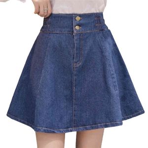 JXMYY Summer Women Mini Denim Skirt Elastic High Waist A-line Pleated Skirt Fashion Sexy Kawaii Preppy Girl Skirt Jeans 210412