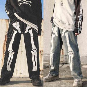 Männer Skeleton Gedruckt Jeans Hosen Herren High Street Breite Beine Gerade Lose Hip Hop Harem Jeans Junge Casual Denim Hosen Overalls G220415