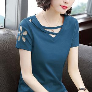 여성 단점 티셔츠 탑 탑 중공 아웃 v- 넥 셔츠 여름 느슨한 탑웨어 여자 Tshirts mujer camisetas