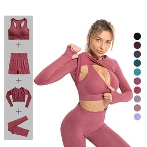 Piece Women Athletics Wear Seamless Yoga Set Gym Workout Leggings Shorts Short Sleeve Top Sport Suit J220706