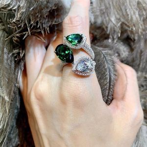 Wholesale three stone emerald ring for sale - Group buy Three stone Finger Ring Water Drop Emerald Cz sterling silver Party Wedding band Rings for Women Promise Birthday Jewelry273k