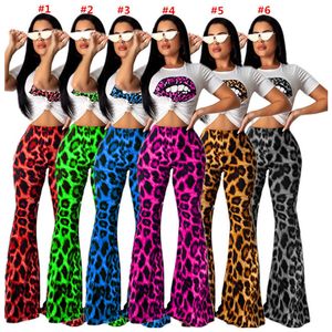 Leopard Lip Printed Women Tracksuit Short Sleeve O-Neck T-shirt Topps och Bell-Bottoms Pants Trousers 2 Piece Suit Fashion Lips T Shirt Intimate