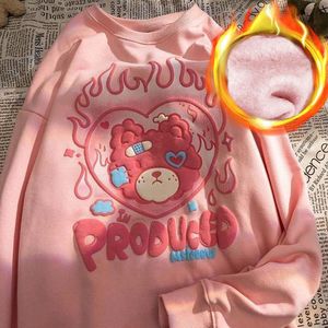 Damen Hoodies Sweatshirts Flame Bear Print Crewneck Sweatshirt Frauen Winter Samt Dick Niedlich Übergroß Schöne Rosa Langarm Tops Mädchen