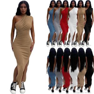Designer Causal Maxi Dresses Womens Spring And Summer Long Dress Thread Fold Diagonal Shoulder Slit Dress