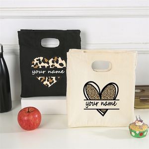 Leopard Love Heart Custom Tote Women Lunch Bags Add Your Text Print Design Thermal Insulated Picnic Food Large Storage Customize 220711
