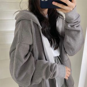 Harajuku versione coreana felpe con cappuccio donna inverno solido zip up giacca allentata cappotti vintage manica lunga oversize con cappuccio 220725