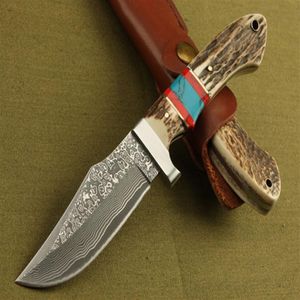 Wholesale damascus knife antler handle resale online - Damascus Survival Straight Knife HRC Tactical Camping Hunting Pocket Knife with Leather Sheath Antlers Handle Gift EDC Tools Col336u