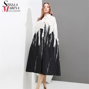 Svart och vitt tryckt kvinna sommar långärmad rak skjorta klänning slips färg plus storlek midi casual stor klänning robe femme 3400 220317