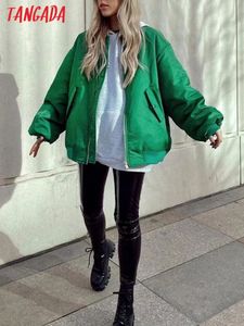 Tangada Women Green Oversize Parkas Cotton Jacket Long Sleeve Female Padded Overcoat QJ79 220817