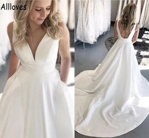 Elegant Satin Simple A Line Wedding Gowns Sleeveless V Neck Long Court Train Bridal Dresses Sexy Open Back Vestidos De Novia Arabic Aso Ebi Reception Dress CL0824