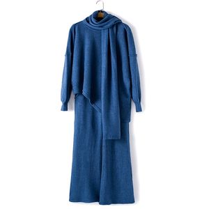 2020 Kvinnor Wool Solf Varm stickad kostym Kvinnliga breda ben Pullover Tröja Pant 3 Piece Set Apricot Pink Green Blue LJ201120