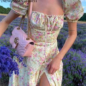 Asia Vintage Floral Dress Women Summer Square Collar Puff Sleeve Long Dress Sexig Off Axla Side Split A-Line Dress 220511