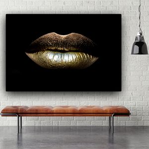 Svarta och guld sexiga läppar oljemålning på duk skönhetsmakeup konst cuadros affischer och skriver väggkonstbild för vardagsrum