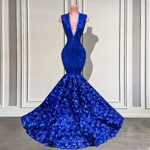 Sparkly Elegant V-hals Royal Blue Sleeveless 3D Rose Mermaid Prom Dress Long Sequined Black Gala Gala Evening Party Wear Glows Custom Made