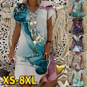 Summer Womens Abstract Printed målningsklänningar V Neck Elegant Fational Female Dresses Blue Green Plus Size Kne Längd 220601