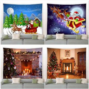 クリスマスウォールカーペットスノーフレークサンタ暖炉ギフト冬の夜ぶら下がっている毛布クリスマスツリーホーム装飾J220804